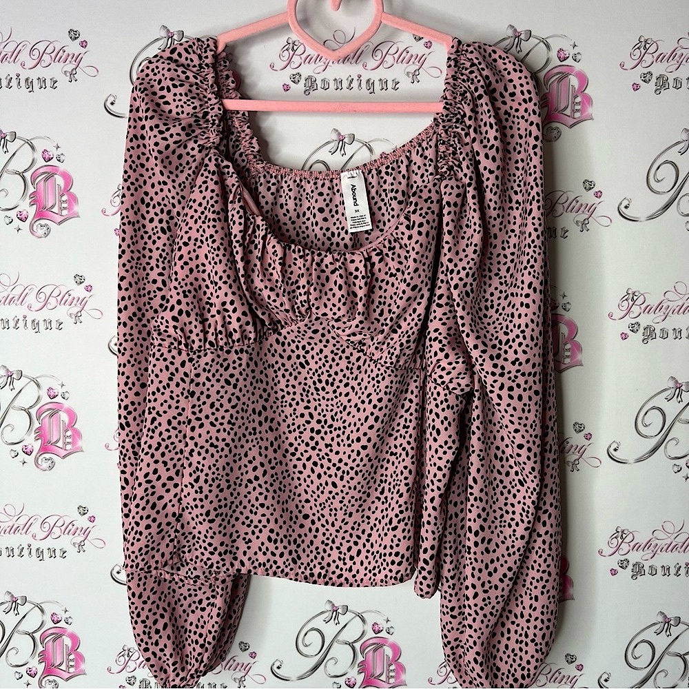 Abound Pink and Brown Smocked animal print spotted polka dot Sleeve Blouse